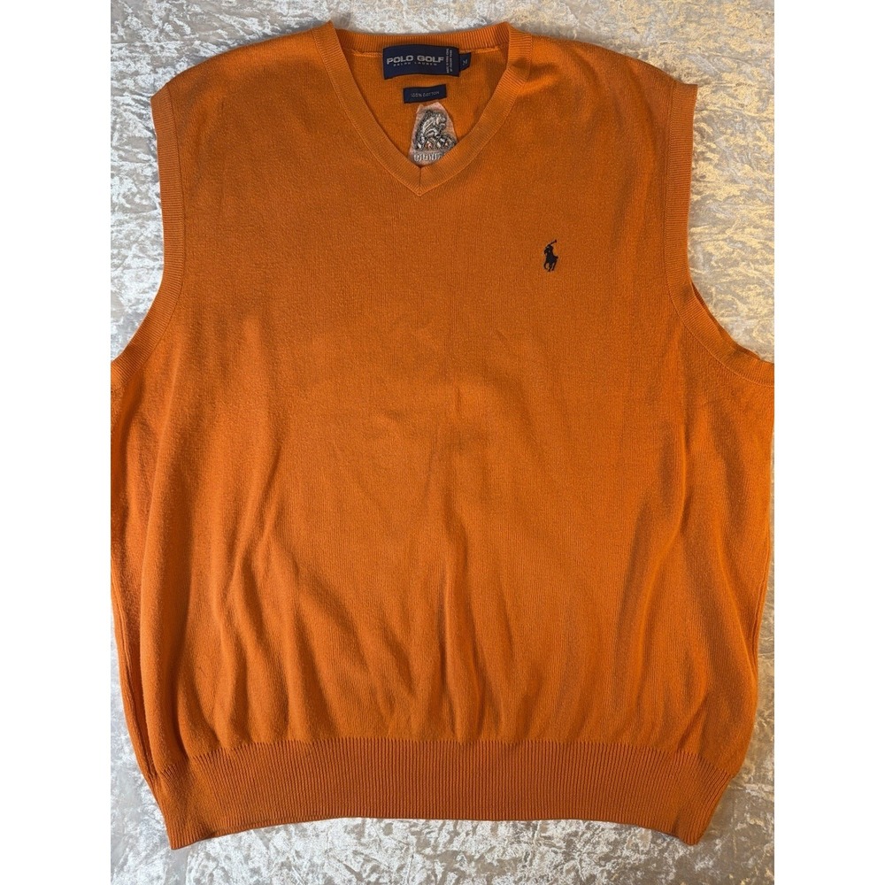 Polo Golf‎ Ralph Lauren Cotton Sweater Vest Orange V Neck Pony Logo Mens M